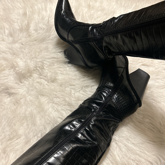 Y2K Retro Black Knee High Alligator Chunky Heeled Cowboy Boots 41 - Picture 8 of 10